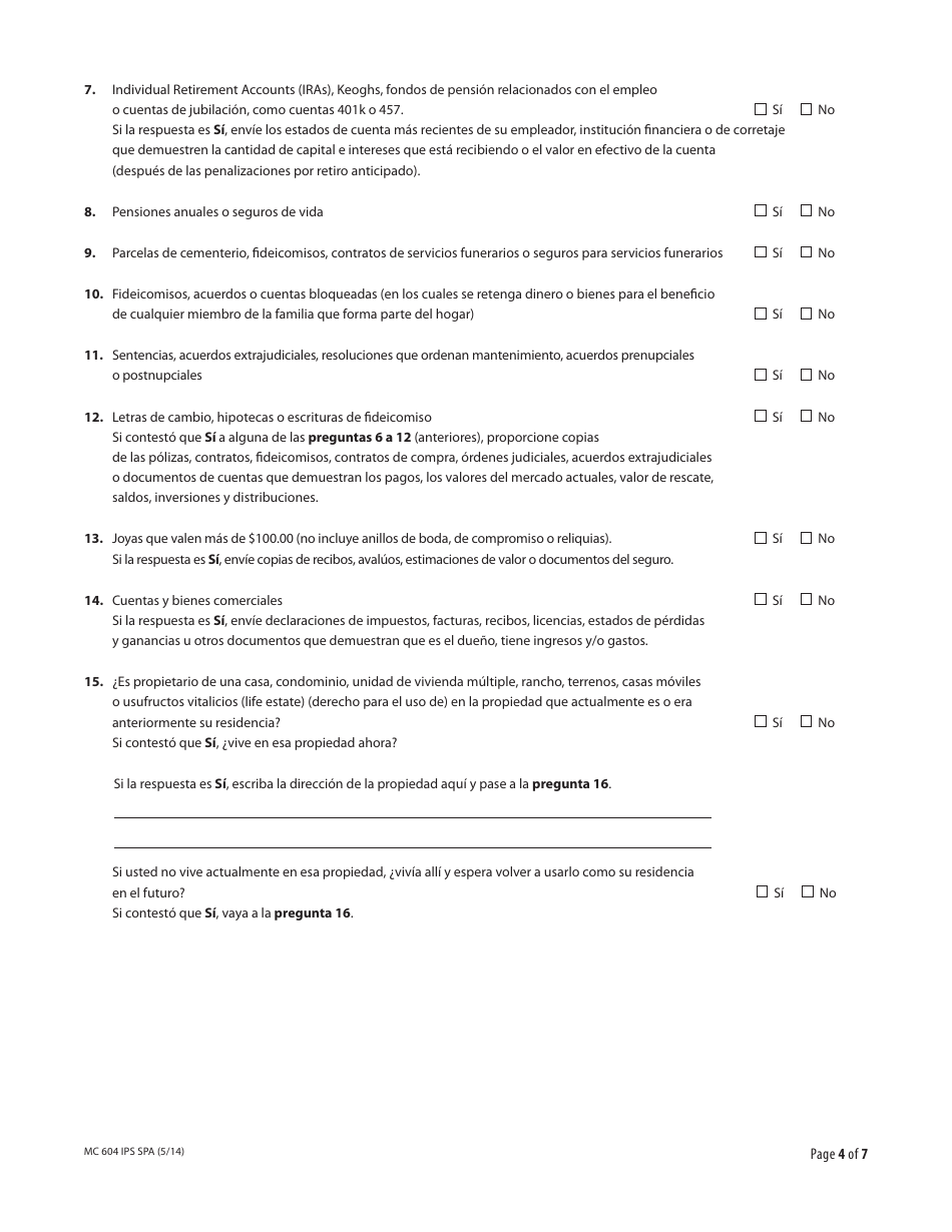 Formulario MC604 IPS SPA Informacion Adicional Necesaria Sobre Ingresos Y Bienes Para Medi-Cal - California (Spanish), Page 4