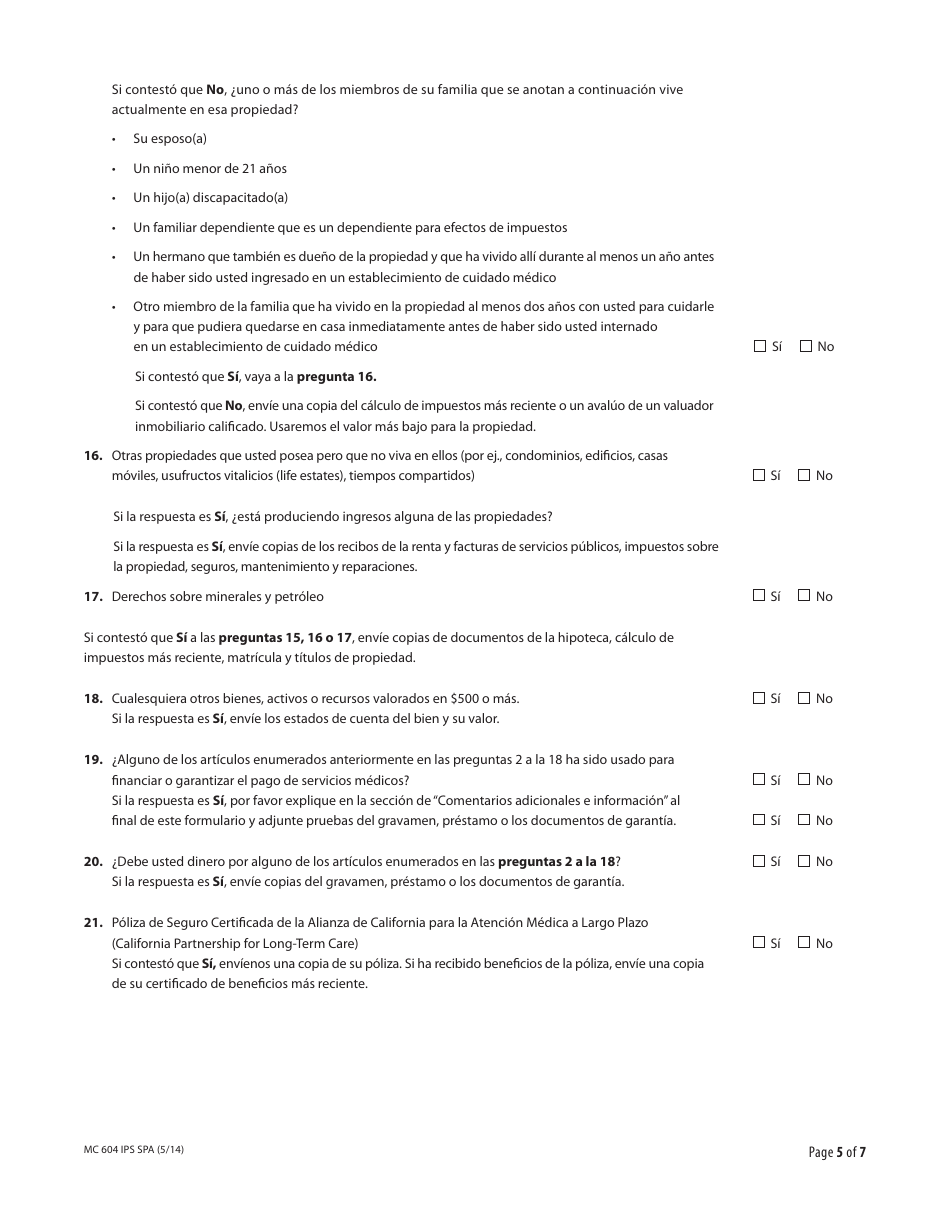 Formulario MC604 IPS SPA Informacion Adicional Necesaria Sobre Ingresos Y Bienes Para Medi-Cal - California (Spanish), Page 5