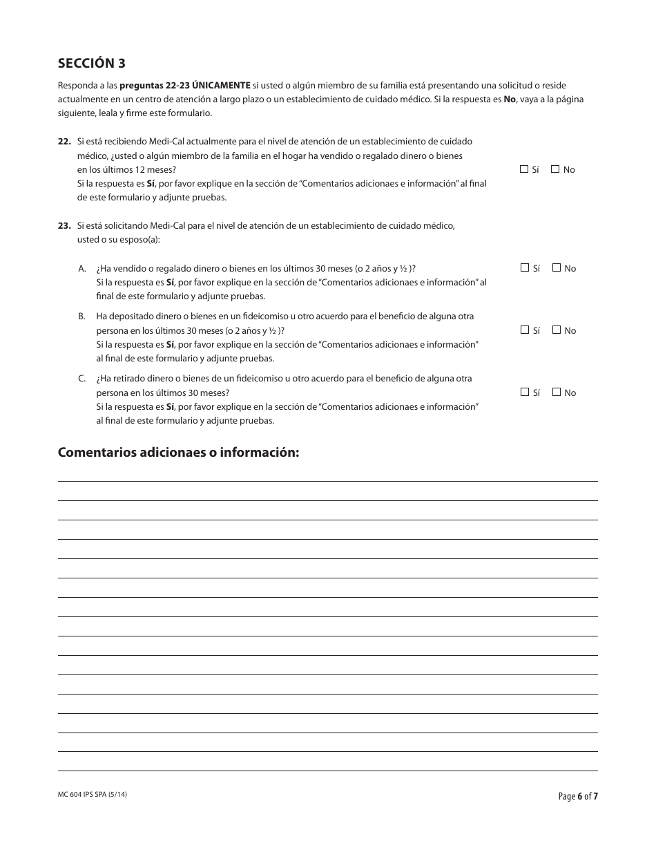 Formulario MC604 IPS SPA Informacion Adicional Necesaria Sobre Ingresos Y Bienes Para Medi-Cal - California (Spanish), Page 6