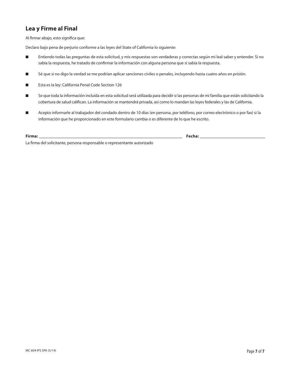 Formulario MC604 IPS SPA Informacion Adicional Necesaria Sobre Ingresos Y Bienes Para Medi-Cal - California (Spanish), Page 7