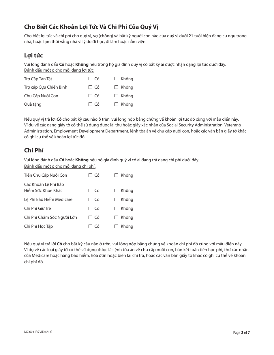 Form MC604 IPS VIE Additional Income and Property Information Needed for Medi-Cal - California (Vietnamese), Page 2