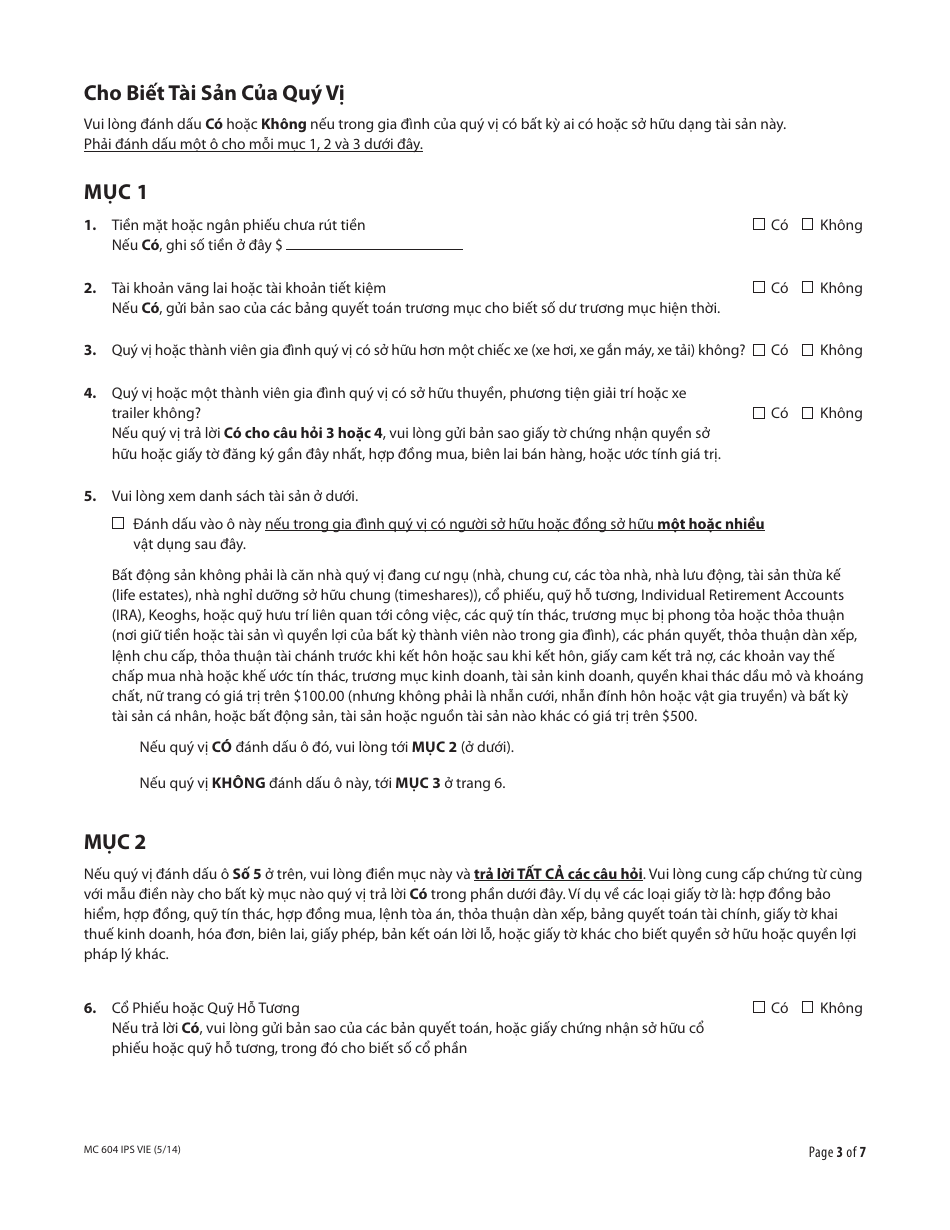 Form MC604 IPS VIE Additional Income and Property Information Needed for Medi-Cal - California (Vietnamese), Page 3