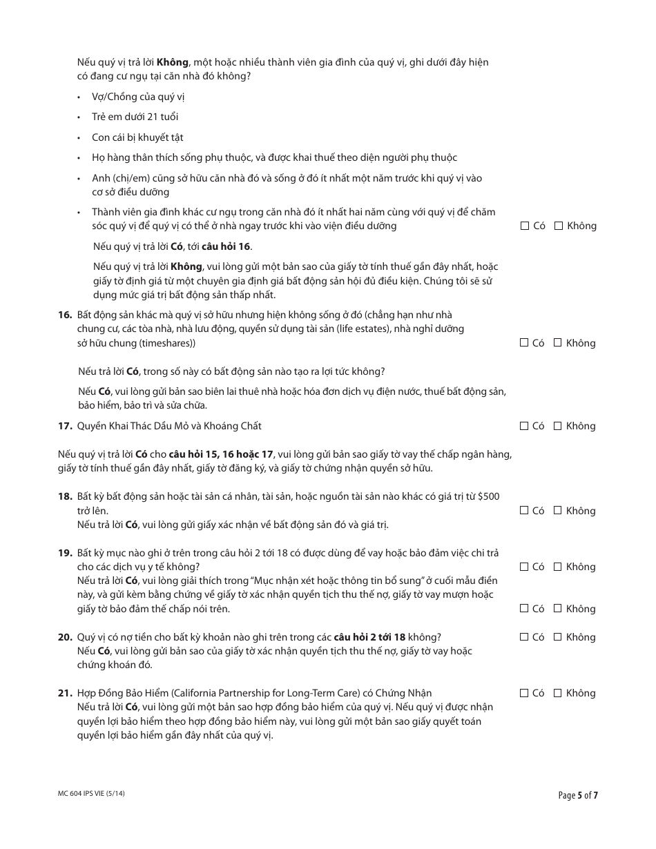 Form MC604 IPS VIE Additional Income and Property Information Needed for Medi-Cal - California (Vietnamese), Page 5