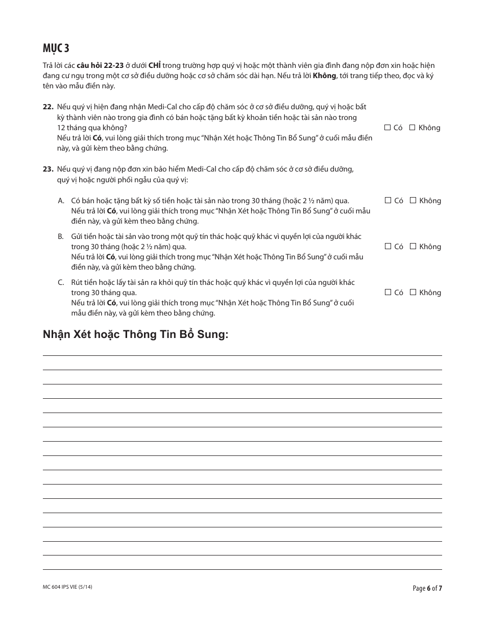 Form MC604 IPS VIE Additional Income and Property Information Needed for Medi-Cal - California (Vietnamese), Page 6