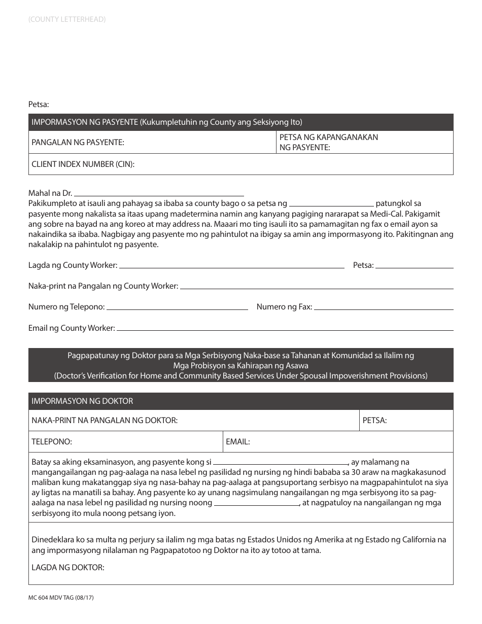 Form MC604 MDV TAG Doctors Verification for Home and Community Based Services Under Spousal Impoverishment Provisions - California (Tagalog), Page 1