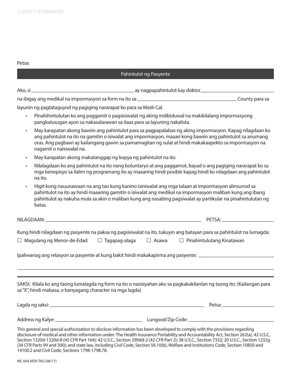 Form MC604 MDV TAG Doctors Verification for Home and Community Based Services Under Spousal Impoverishment Provisions - California (Tagalog), Page 2