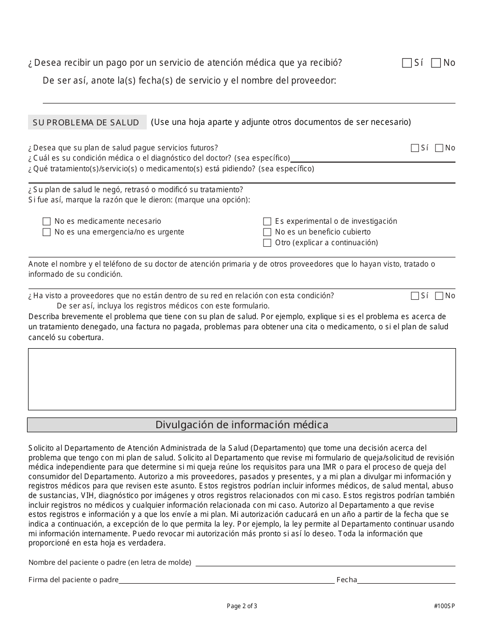 Formulario DMHC20-224 Formulario De Queja / Solicitud De Revision Medica Independiente (Imr) - California (Spanish), Page 2
