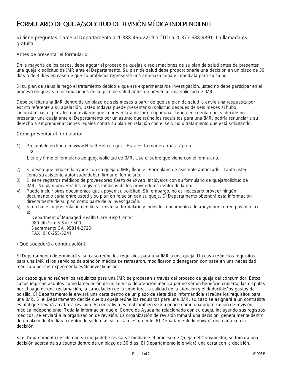 Formulario DMHC20-224 Formulario De Queja / Solicitud De Revision Medica Independiente (Imr) - California (Spanish), Page 6