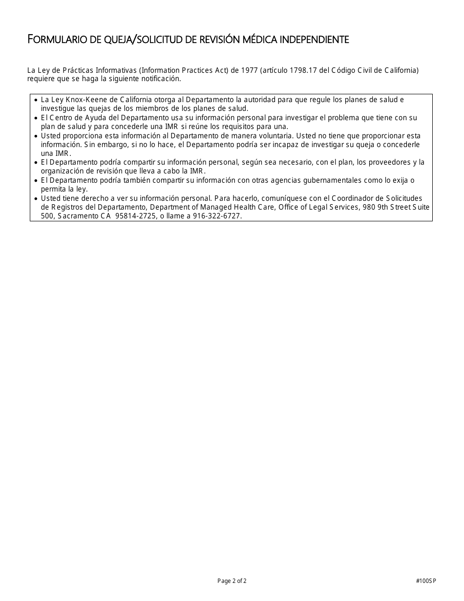 Formulario DMHC20-224 Formulario De Queja / Solicitud De Revision Medica Independiente (Imr) - California (Spanish), Page 7