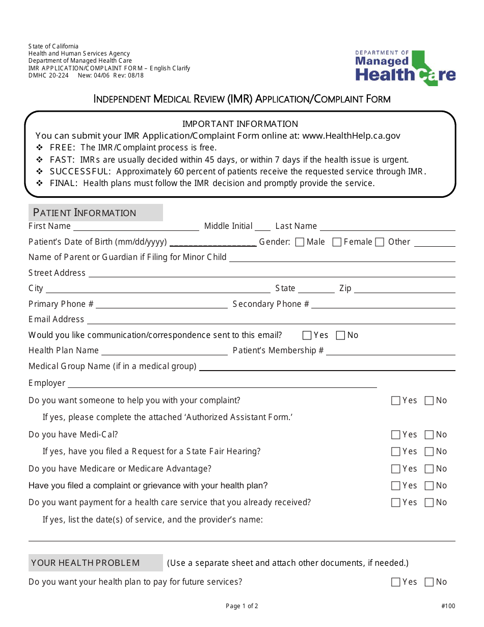 Form DMHC20-224 Independent Medical Review (Imr) Application / Complaint Form - California, Page 1