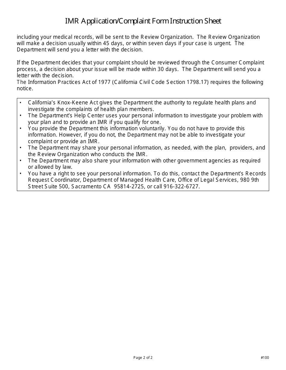 Form DMHC20-224 Independent Medical Review (Imr) Application / Complaint Form - California, Page 5