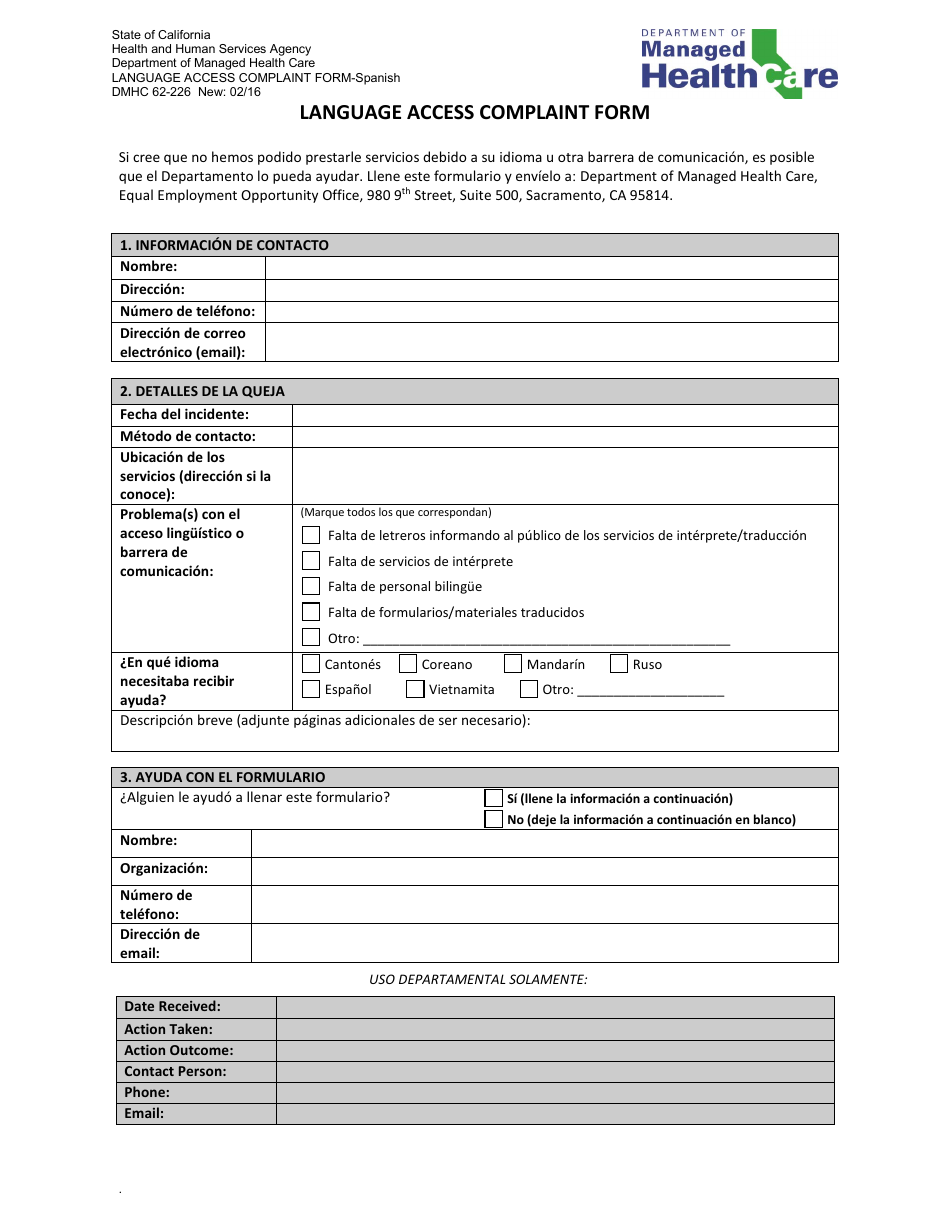 Formulario DMHC62-226 Language Access Complaint Form - California (Spanish), Page 1