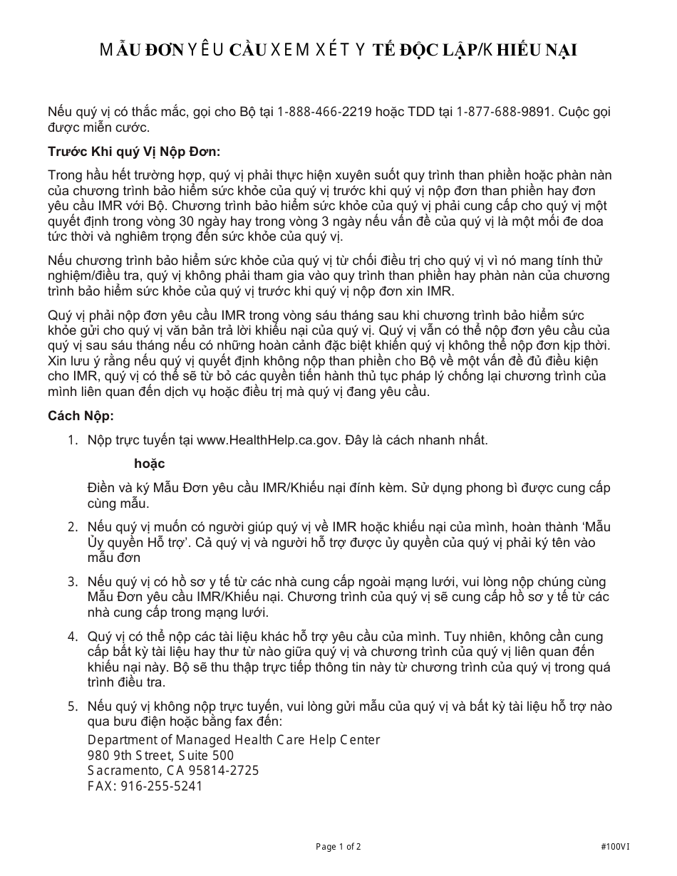 Form DMHC20-224 Imr Application / Complaint Form - California (Vietnamese), Page 6