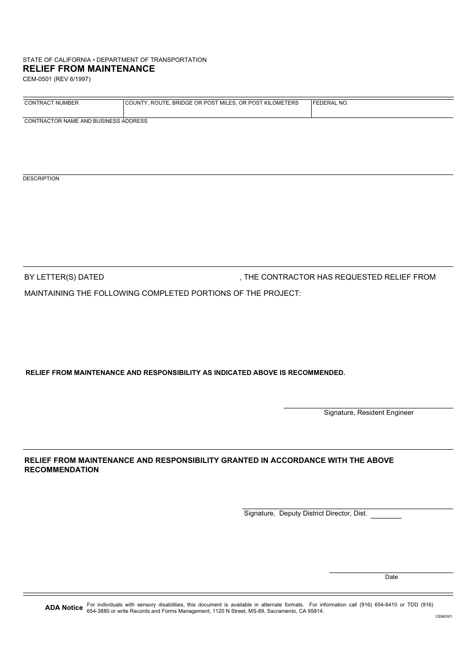 Form CEM-0501 Relief From Maintenance - California, Page 1