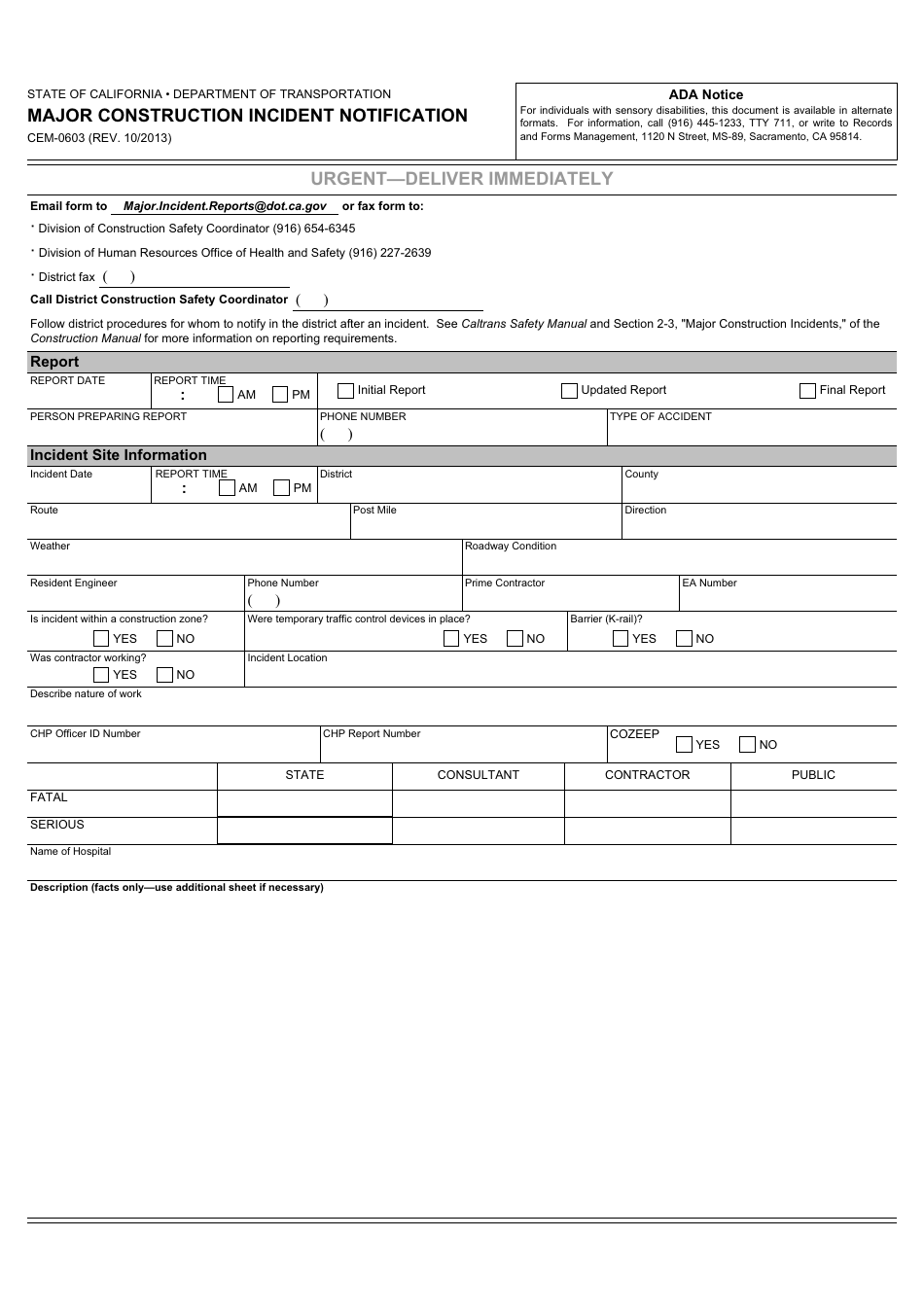 Form CEM-0603 Major Construction Incident Notification - California, Page 1