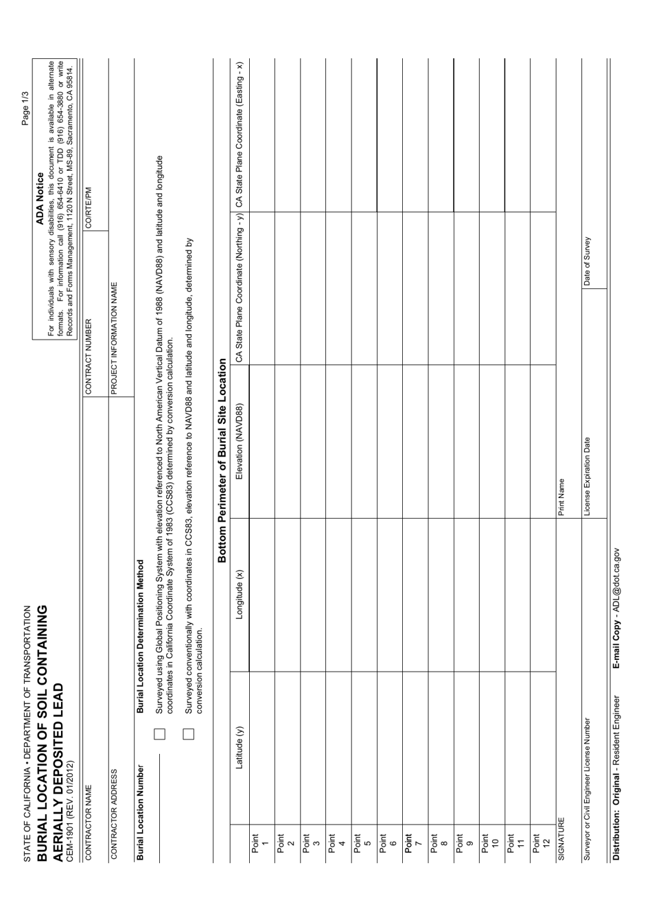Form CEM-1901 Burial Location of Soil Containing Aerially Deposited Lead - California, Page 1