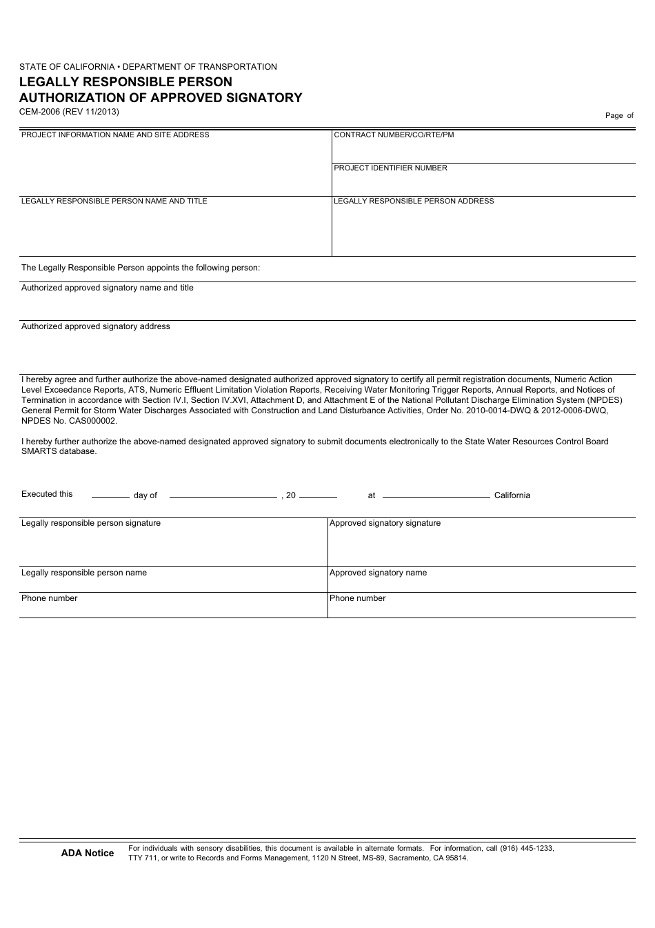 Form CEM-2006 Legally Responsible Person Autnorization of Approved Signatory - California, Page 1
