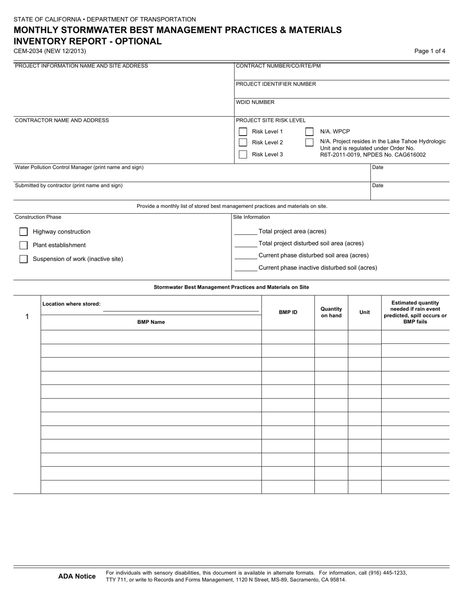 Form Cem 34 Download Fillable Pdf Or Fill Online Monthly Stormwater Best Management Practices Materials Inventory Report Optional California Templateroller