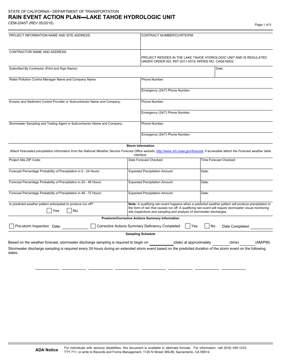 Form CEM-2045T Rain Event Action Plan - Lake Tahoe Hydrologic Unit - California, Page 1