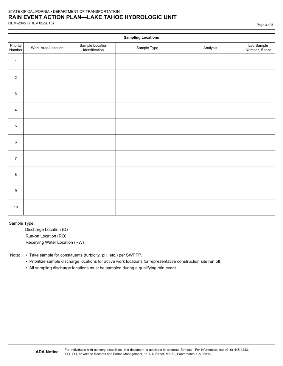 Form CEM-2045T Rain Event Action Plan - Lake Tahoe Hydrologic Unit - California, Page 3