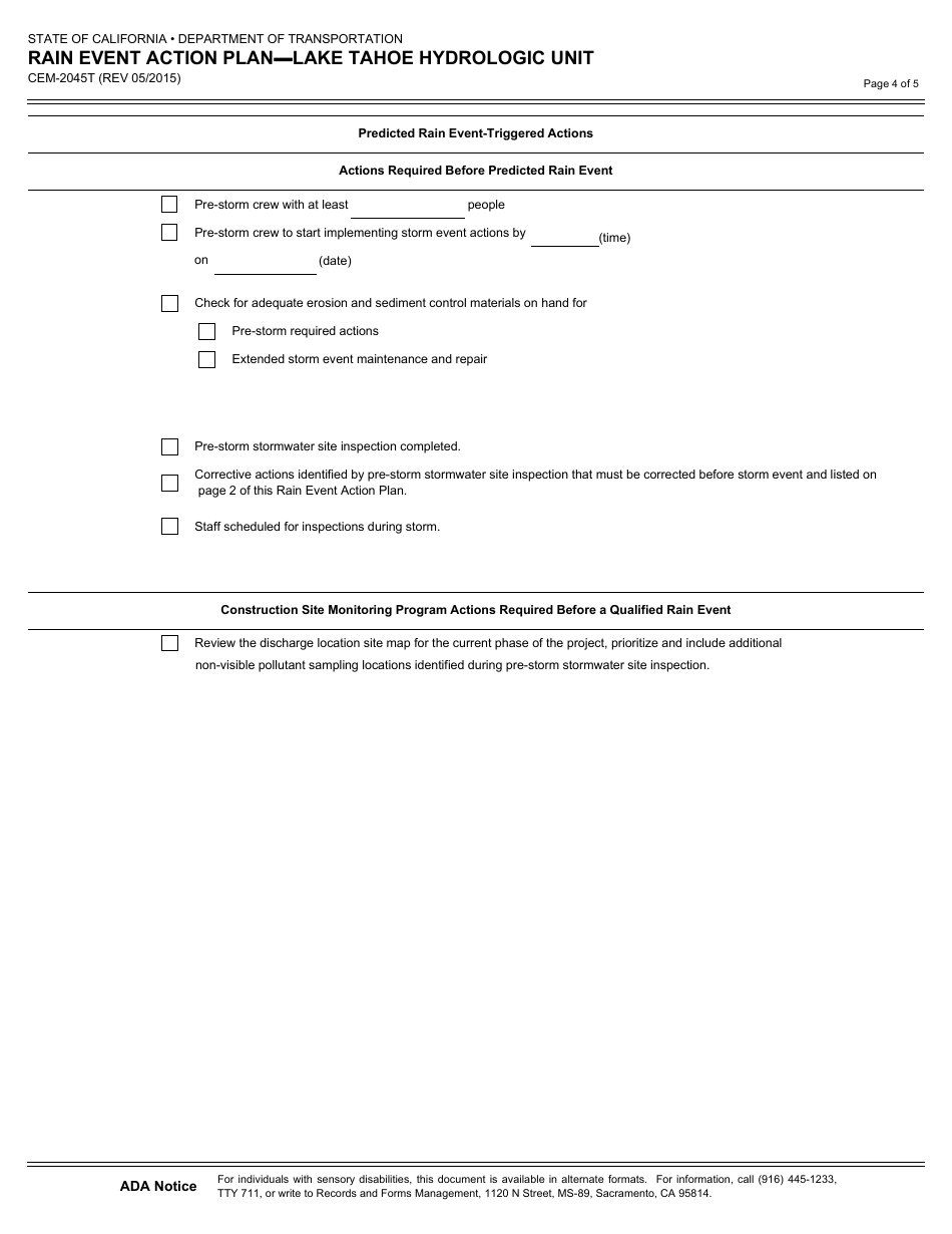 Form CEM-2045T Rain Event Action Plan - Lake Tahoe Hydrologic Unit - California, Page 4