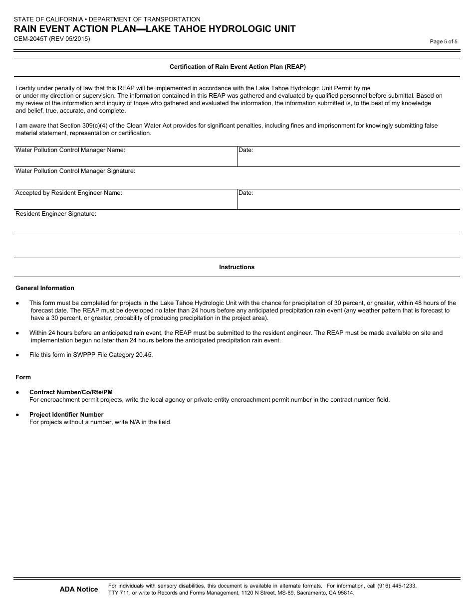 Form CEM-2045T Rain Event Action Plan - Lake Tahoe Hydrologic Unit - California, Page 5