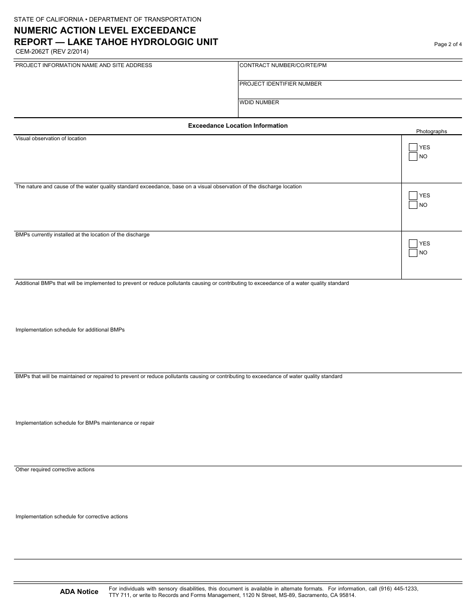 Form CEM-2062T Numeric Action Level Exceedance Report - Lake Tahoe Hydrologic Unit - California, Page 2