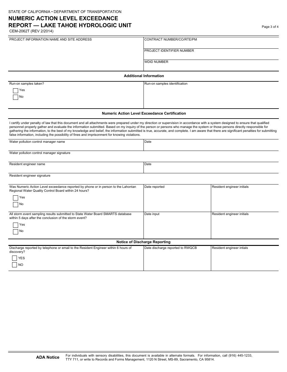 Form CEM-2062T Numeric Action Level Exceedance Report - Lake Tahoe Hydrologic Unit - California, Page 3