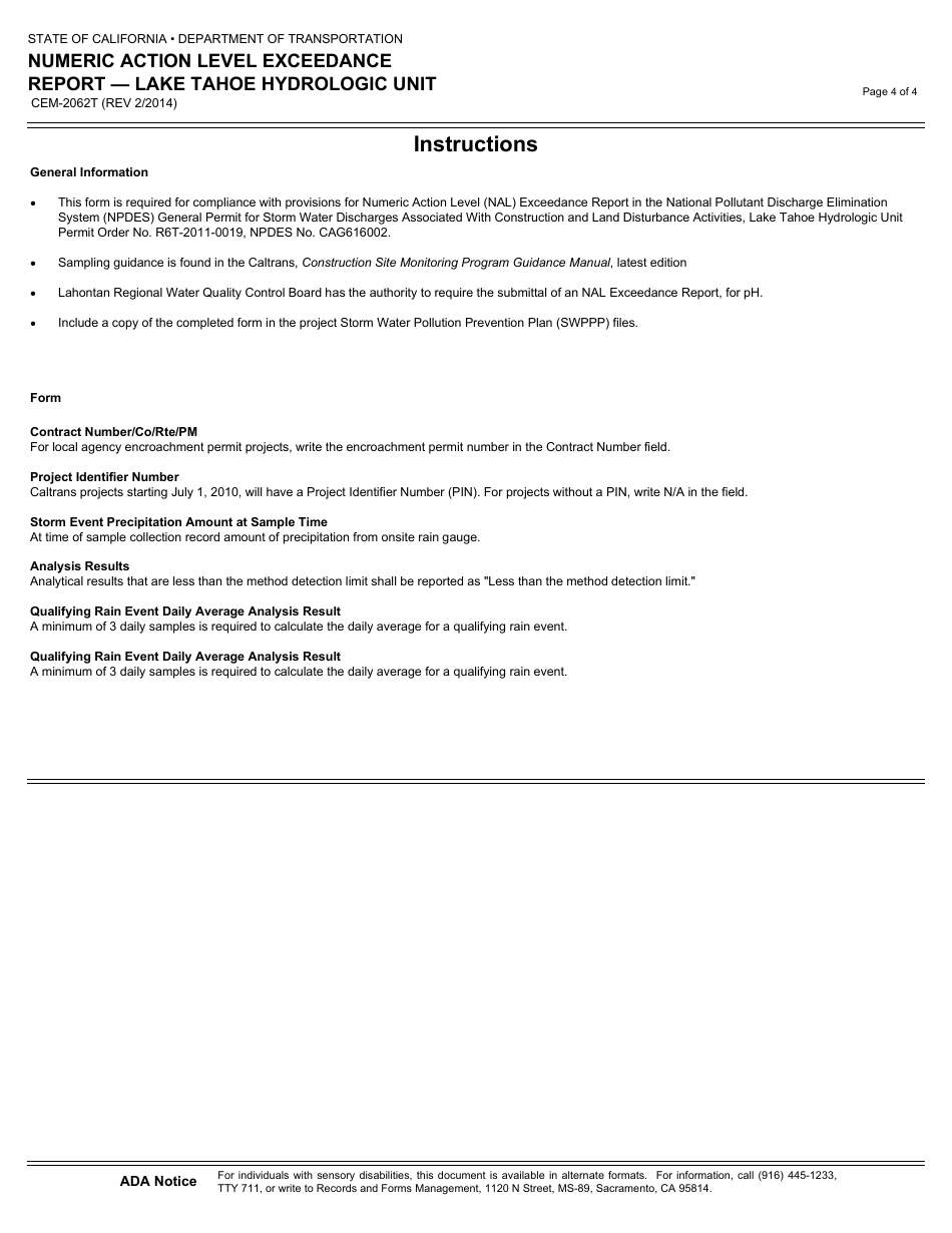 Form CEM-2062T Numeric Action Level Exceedance Report - Lake Tahoe Hydrologic Unit - California, Page 4