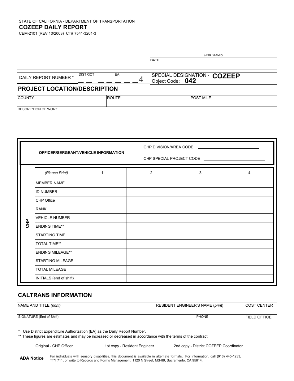 Form CEM-2101 Cozeep Daily Report - California, Page 1