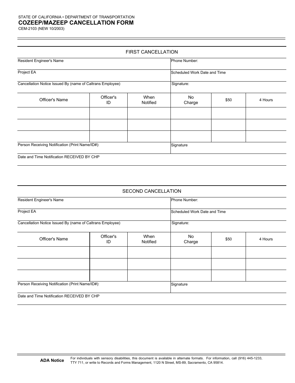 Form CEM-2103 Cozeep / Mazeep Cancellation Form - California, Page 1