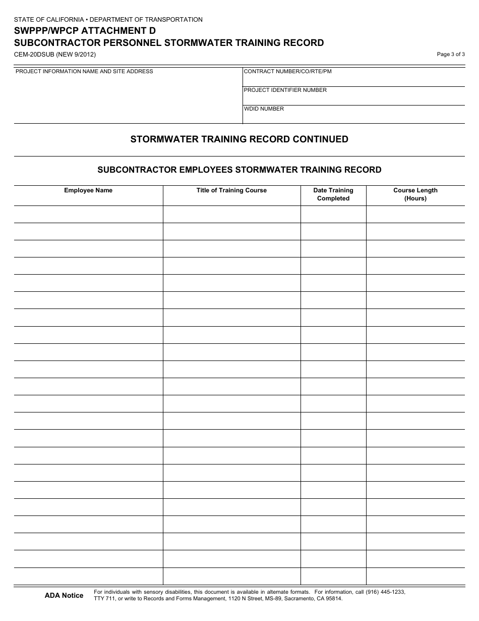 Form CEM-20DSUB Swppp / Wpcp Attachment D - Subcontractor Personnel Stormwater Training Record - California, Page 3