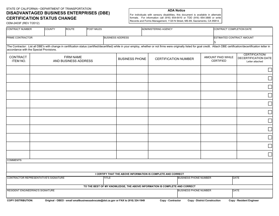 Form CEM-2403F Disadvantaged Business Enterprises (Dbe) Certification Status Change - California, Page 1
