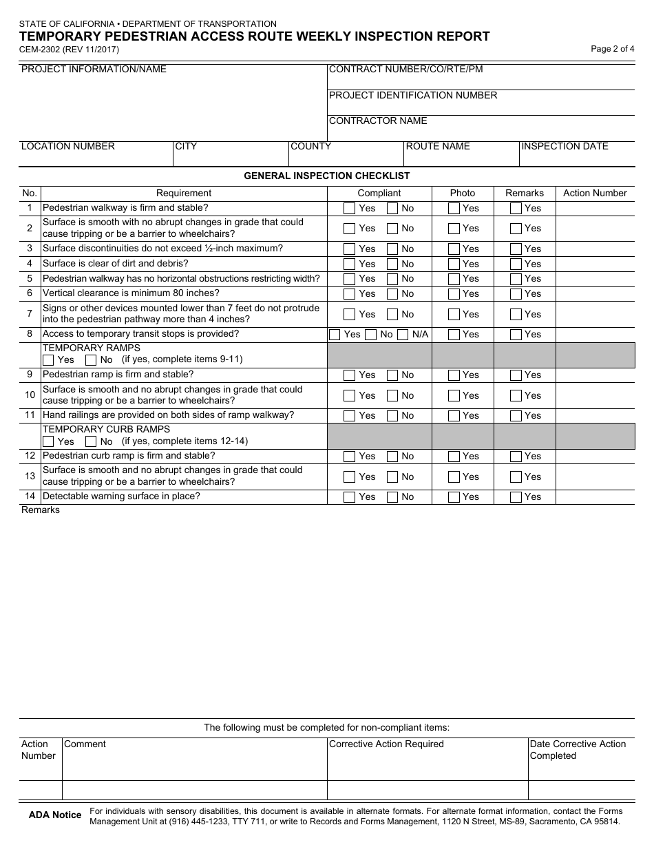 Form CEM-2302 Temporary Pedestrian Access Route Weekly Inspection Report - California, Page 2