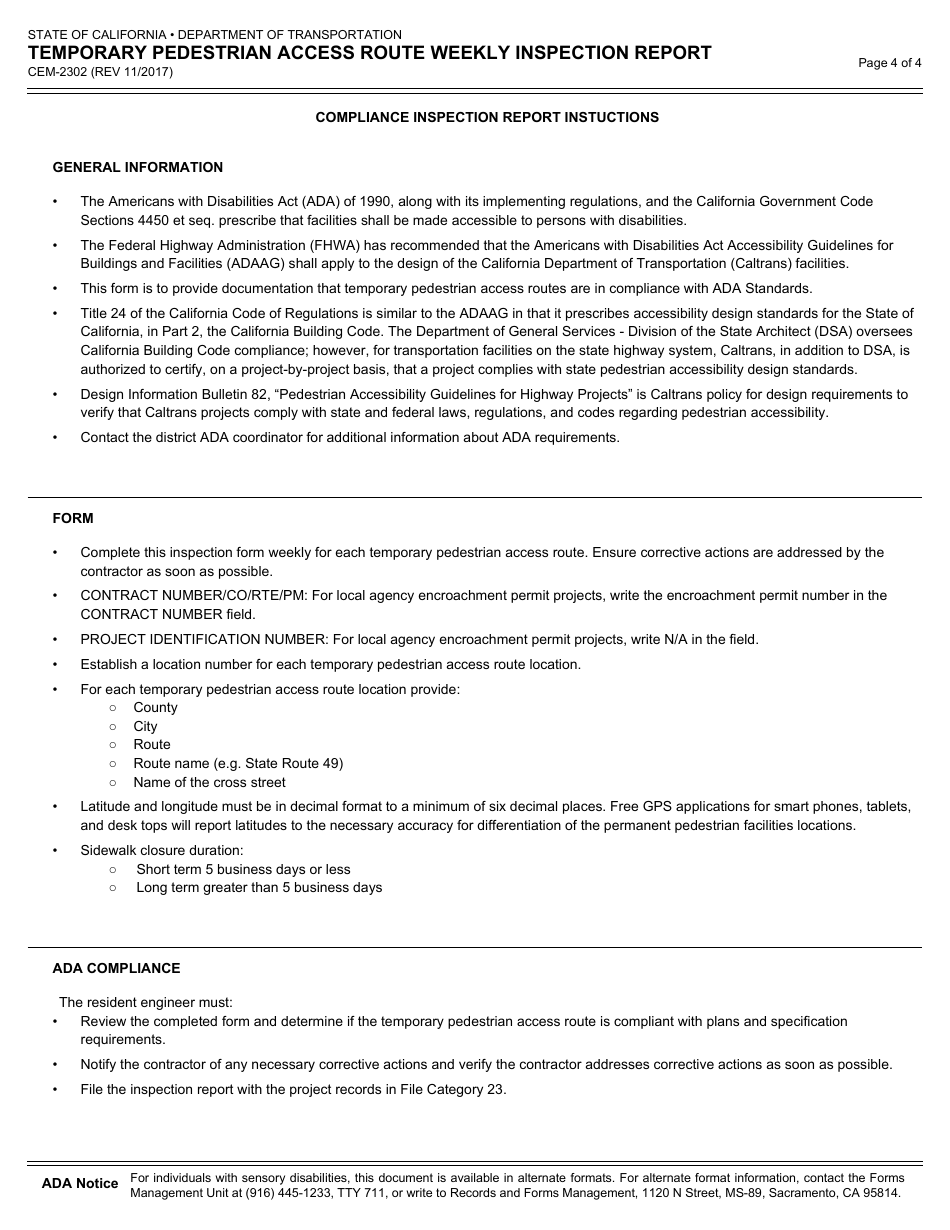 Form CEM-2302 Temporary Pedestrian Access Route Weekly Inspection Report - California, Page 4