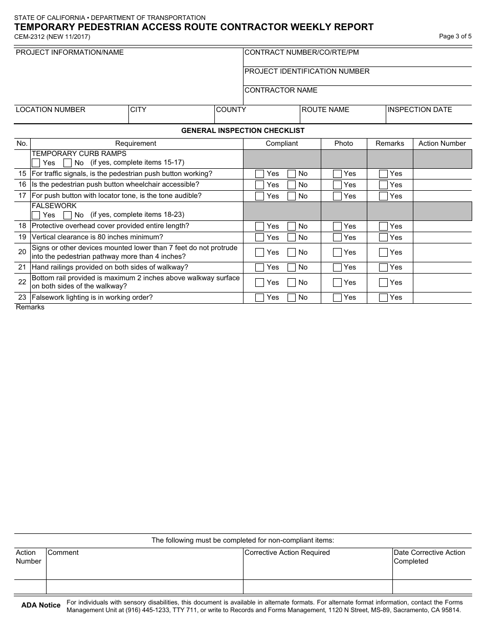 Form CEM-2312 Temporary Pedestrian Access Route Contractor Weekly Report - California, Page 3