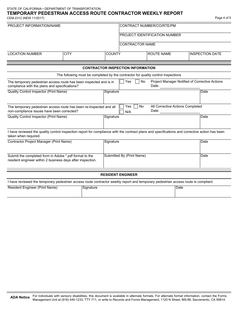 Form CEM-2312 Temporary Pedestrian Access Route Contractor Weekly Report - California, Page 4