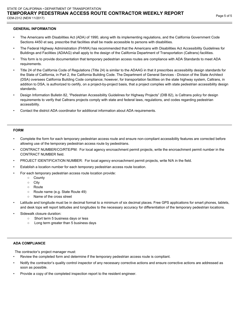 Form CEM-2312 Temporary Pedestrian Access Route Contractor Weekly Report - California, Page 5