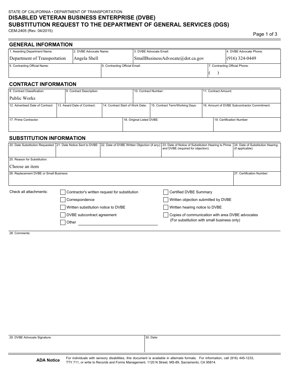 Form CEM-2405 Disabled Veteran Business Enterprise (Dvbe) Substitution Request to the Department of General Services (Dgs) - California, Page 1