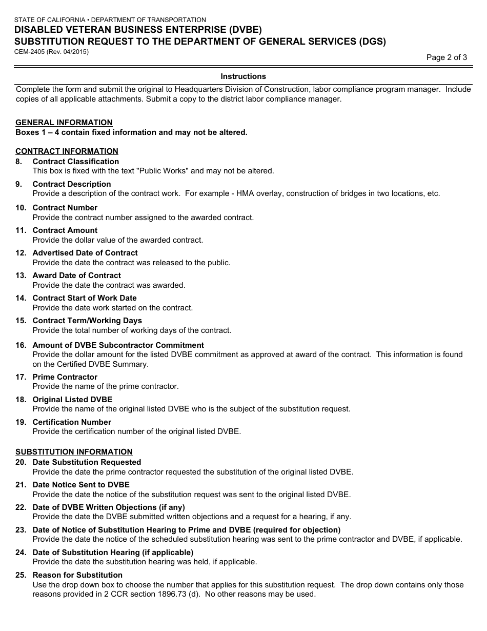 Form CEM-2405 Disabled Veteran Business Enterprise (Dvbe) Substitution Request to the Department of General Services (Dgs) - California, Page 2