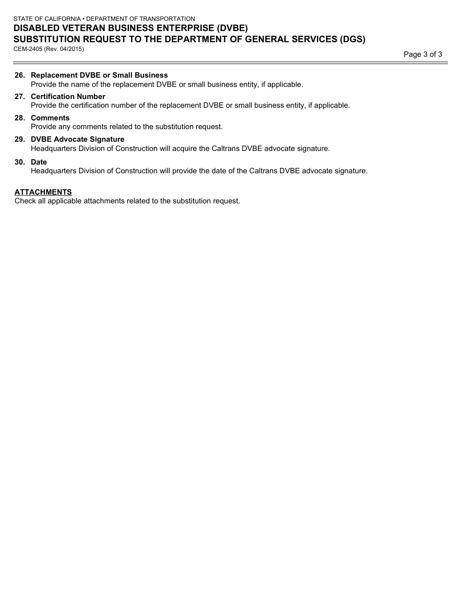 Form CEM-2405 Disabled Veteran Business Enterprise (Dvbe) Substitution Request to the Department of General Services (Dgs) - California, Page 3