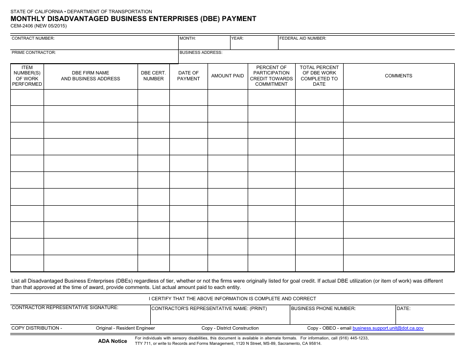 Form CEM-2406 Monthly Disadvantaged Business Enterprises (Dbe) Payment - California, Page 1