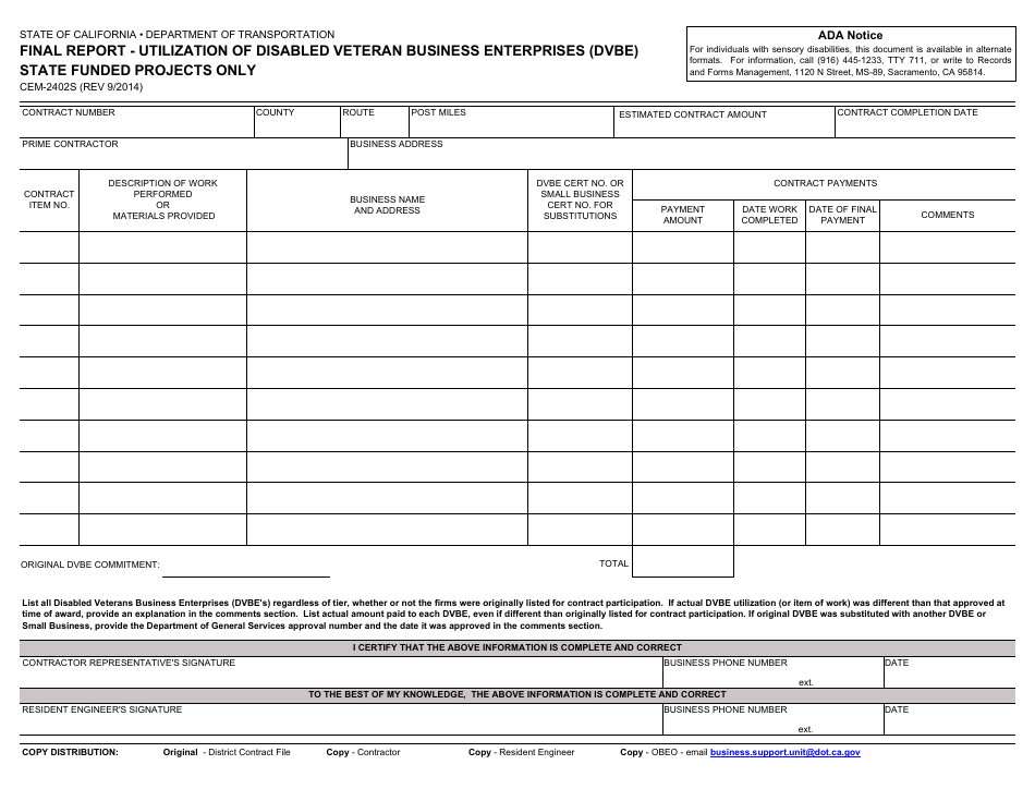 Form CEM-2402S Final Report - Utilization of Disabled Veteran Business Enterprises (Dvbe) - State Funded Projects Only - California, Page 1