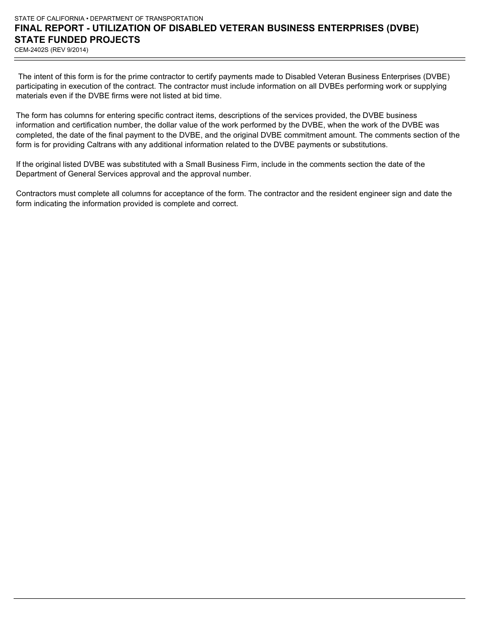Form CEM-2402S Final Report - Utilization of Disabled Veteran Business Enterprises (Dvbe) - State Funded Projects Only - California, Page 2