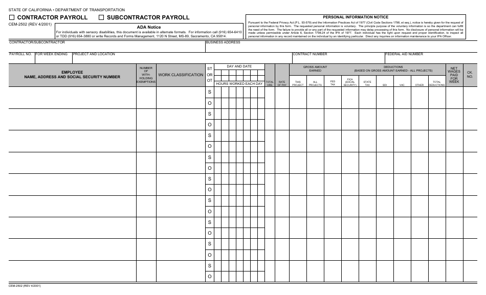 Form CEM-2502 Contractor Payroll / Subcontractor Payroll - California, Page 1