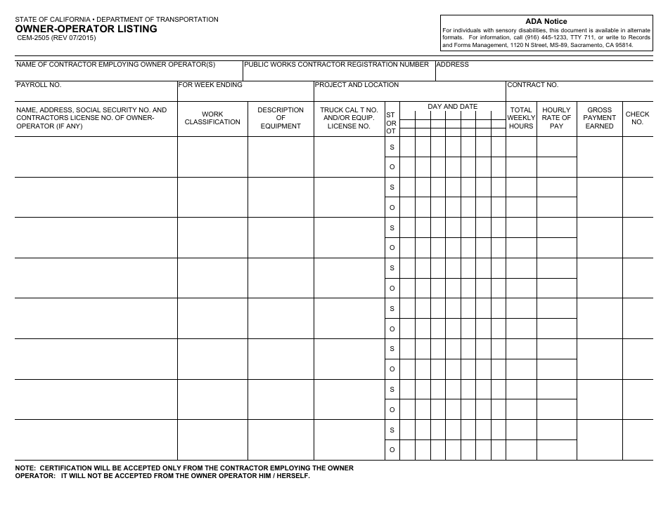 Form CEM-2505 Owner-Operator Listing - California, Page 1