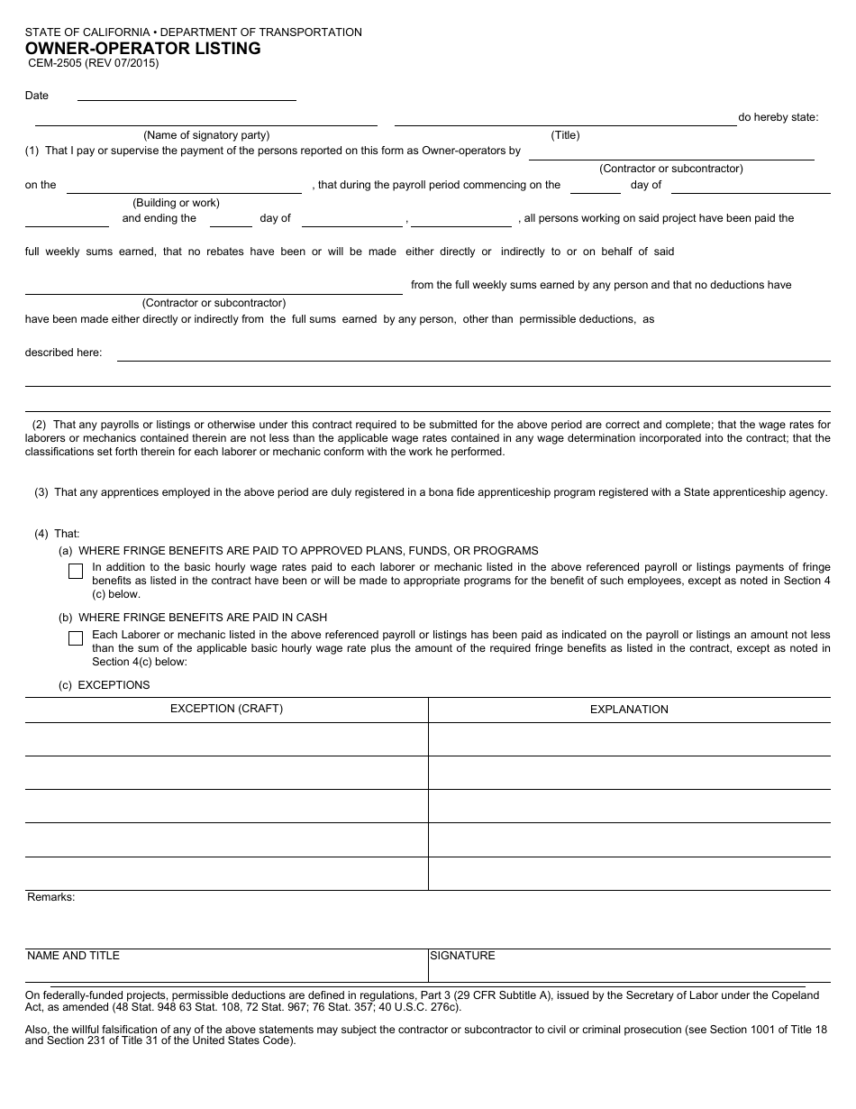 Form CEM-2505 - Fill Out, Sign Online and Download Fillable PDF ...