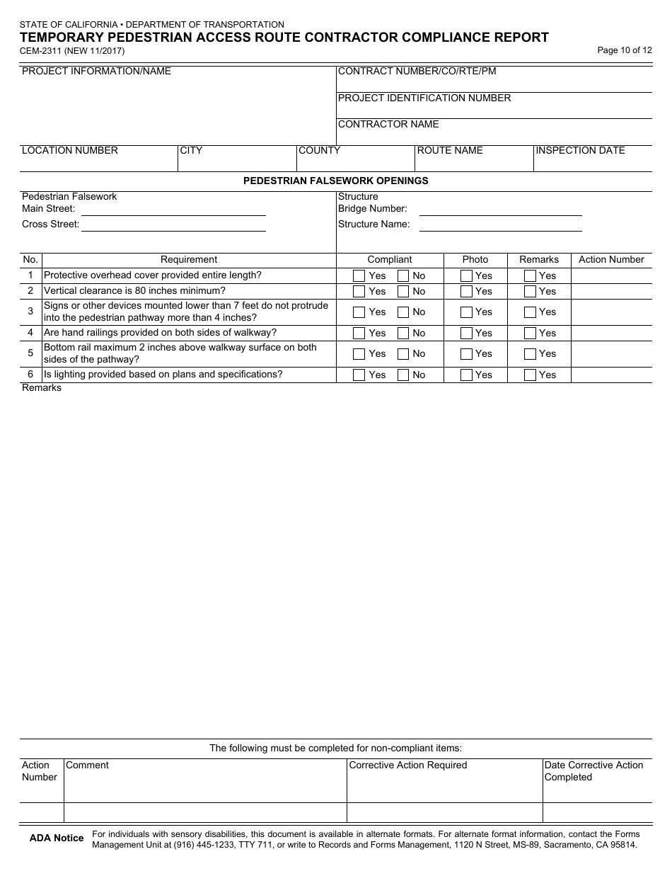 Form CEM-2311 Temporary Pedestrian Access Route Contractor Compliance Report - California, Page 10