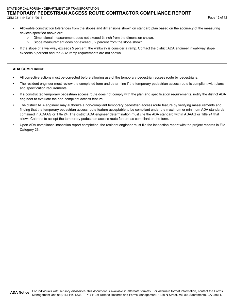 Form CEM-2311 Temporary Pedestrian Access Route Contractor Compliance Report - California, Page 12