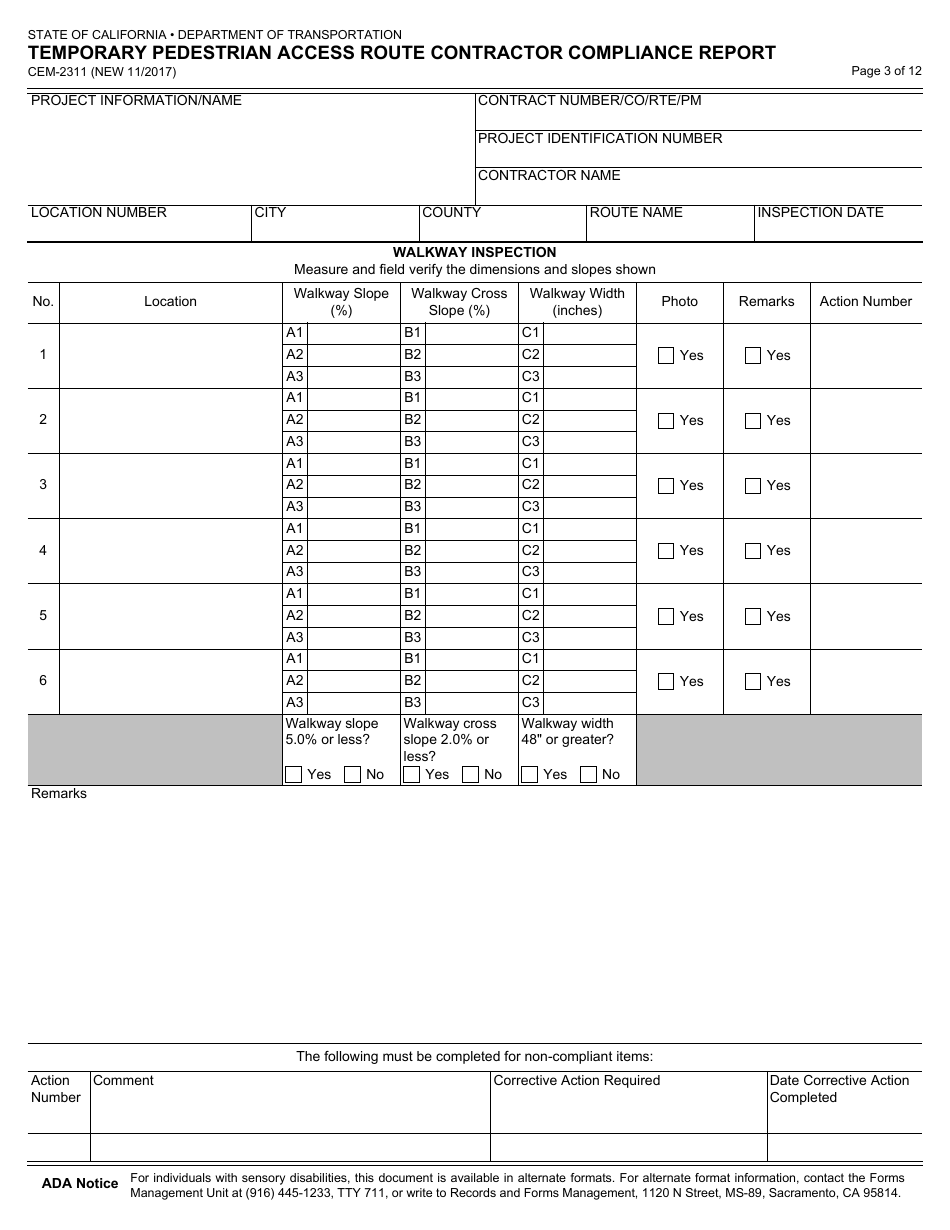 Form CEM-2311 Temporary Pedestrian Access Route Contractor Compliance Report - California, Page 3